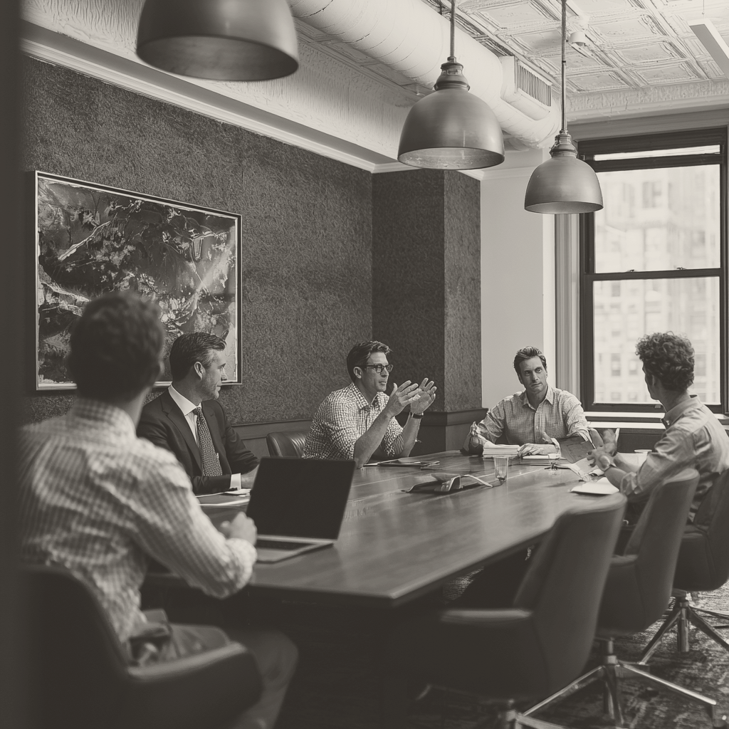 Five people in a pre-war Manhattan boardroom with copper pendant lights, working through a set of papers