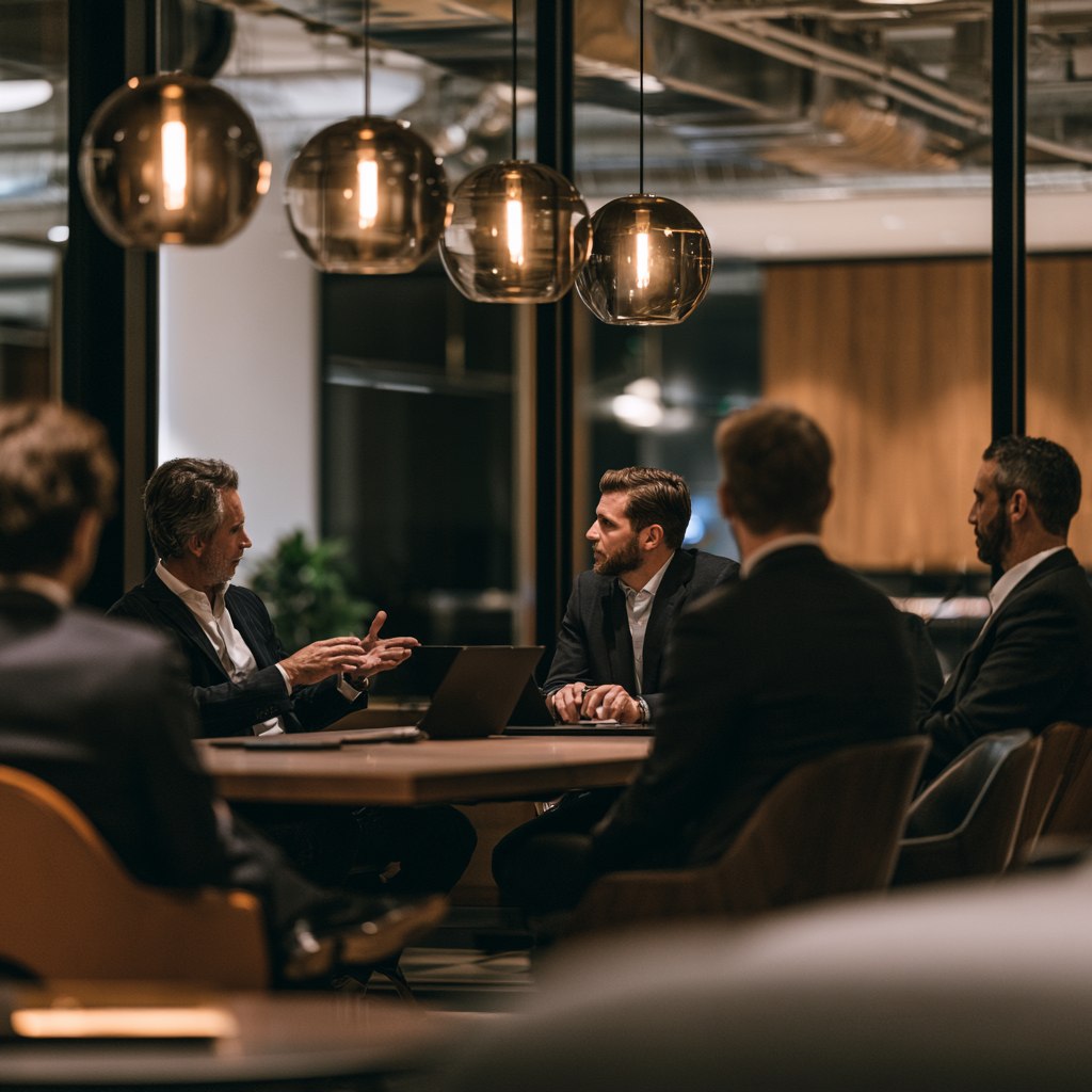 Five people around a conference table under round glass globe pendants, one speaking with his hands while the others listen