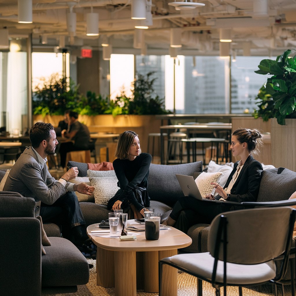 Three people talking on soft seating around a low table in an open office lounge, one with a laptop, papers and glasses of water between them