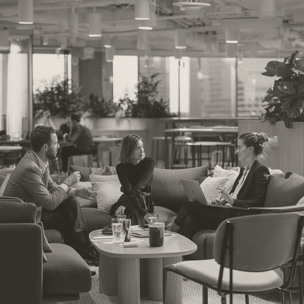 Three people in conversation in a Manhattan office lounge with skyscrapers beyond the glass