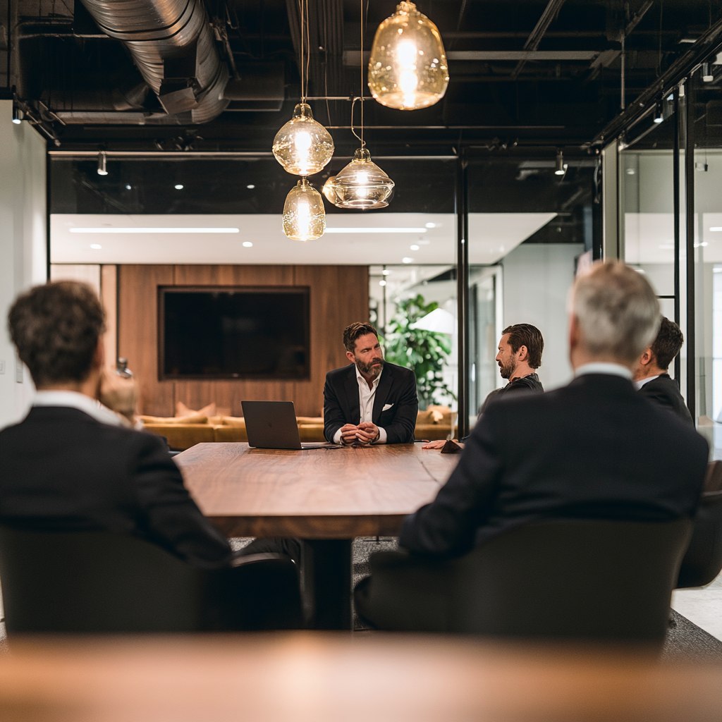 A presenter at a laptop across a walnut conference table from three colleagues, under warm glass pendant lights